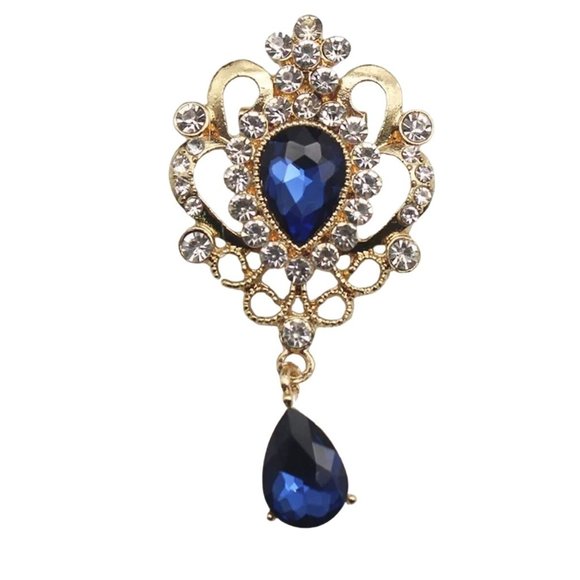 unbranded Jewelry - Brooch Blue & Clear Crystal Rhinestones Gold Tone Teardrop Fancy